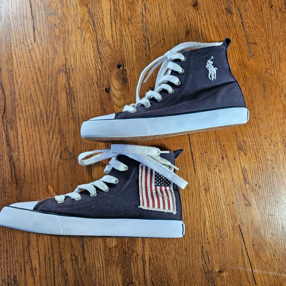 Polo Ralph Lauren Kids High Top Sneakers American Flag Canvas Shoes Size 4 - Picture 4 of 11